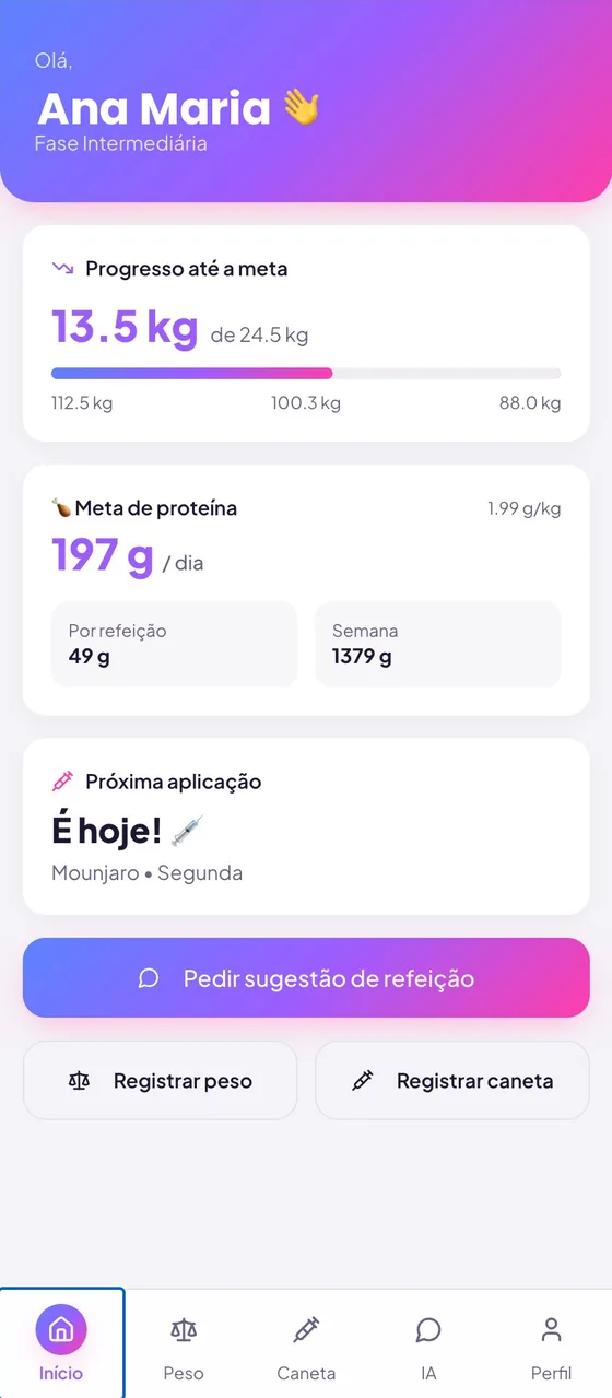 Tela inicial do Canetai com meta de proteína e progresso de peso