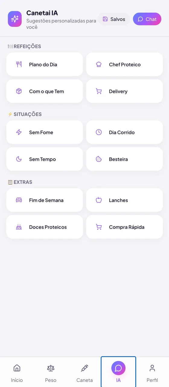 Assistente de IA com atalhos de refeições e situações