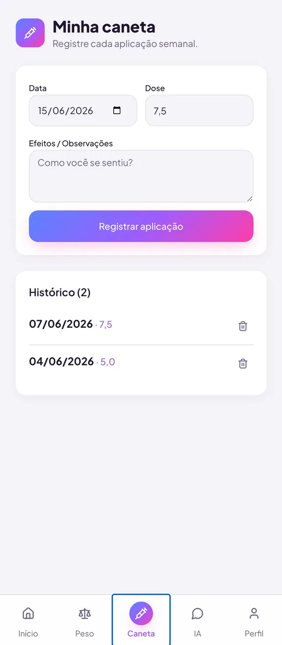 Registro de aplicação da caneta