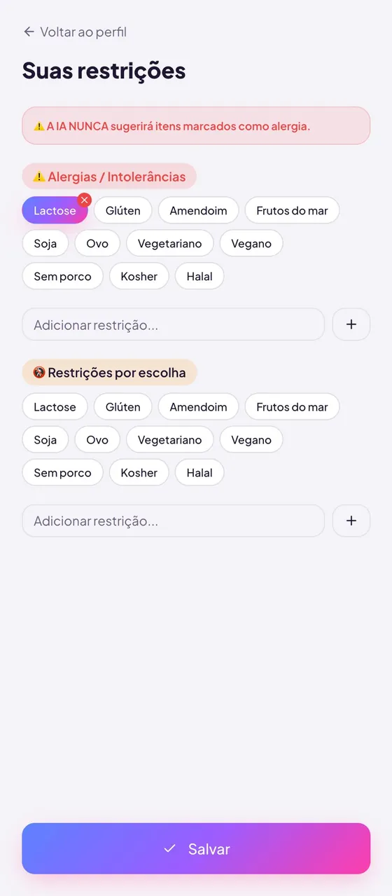 Restrições: alergias e intolerâncias respeitadas pela IA